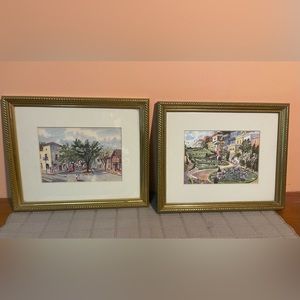 Set of 2 Ellie Marshall Watercolor California Landmark Prints Framed 1987 1989